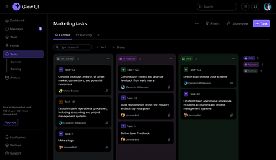 Kanban Board — Glow UI black theme boad dark mode dark theme design system glow ui kanban