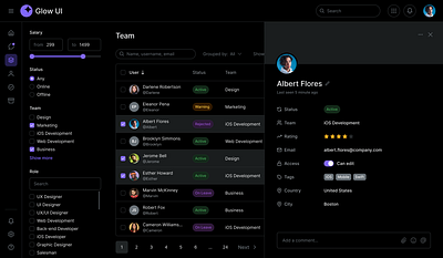 Admin Table — Glow UI admin black theme card dark mode dark theme design system glow ui saas sidebar table