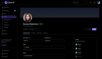 Profile Page — Glow UI dark mode dark theme figma page profile settings ui kit user