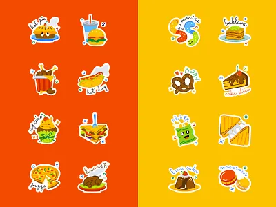Animated Food Stickers breakfast burger chicken cooking cuisine dessert dinner drink fast food flat sticker food food sticker junk food lunch pizza restaurant sandwich sweet vector