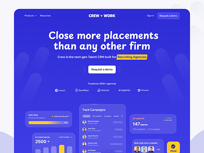 Crew Website Redesign branding convertion optimazation design framer header landing landingpage madeinwebflow recruiting agency saas saas redesign talents ui ui card web web design webflow website website redesign