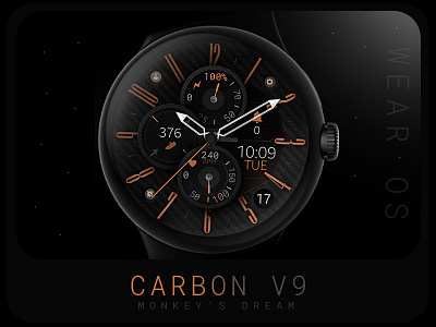 Carbon V9 - Modern Hybrid Watch Face for Wear OS black carbon classy dark design digital google graphic design hybrid illustration modern orange samsung sleek smartwatch technology ui watch watchface wear os