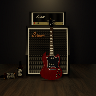 Gibson Red Country 3d ampli animation black blender branding country drink gibson graphic design guitar jackdaniels logo marshal motion graphics red rock song ui