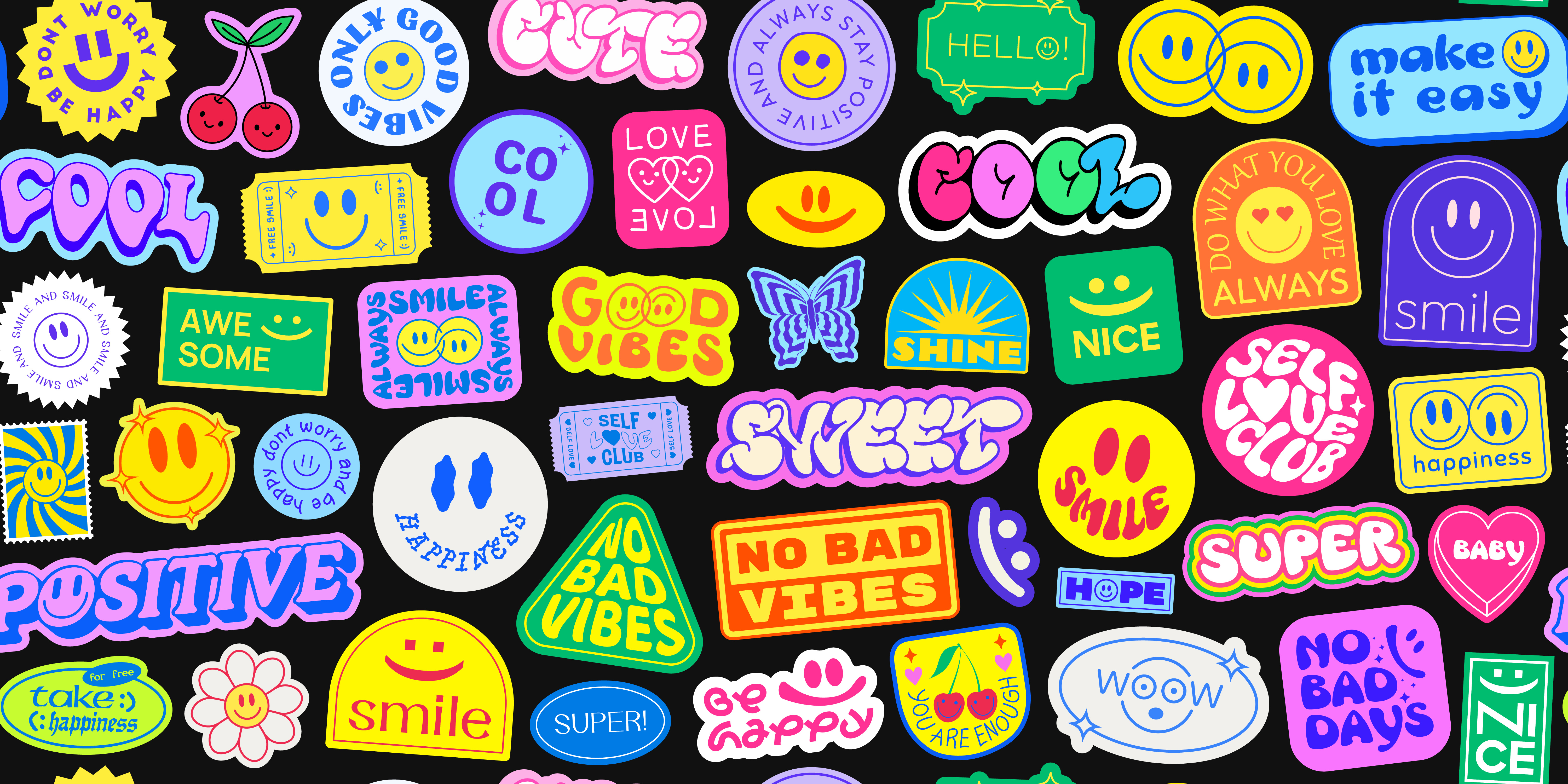 Cool Y2k Stickers Collage. Pop Art patches. 90s abstract art background cool cute design good happy illustration love patch pattern pop positive smile sticker sweet vibes y2k