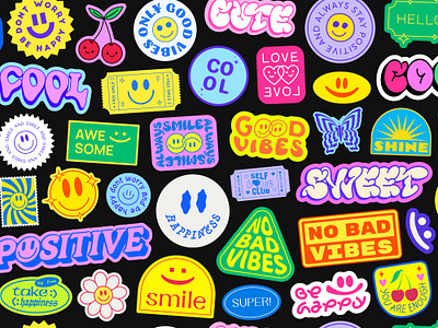 Cool Y2k Stickers Collage. Pop Art patches. 90s abstract art background cool cute design good happy illustration love patch pattern pop positive smile sticker sweet vibes y2k