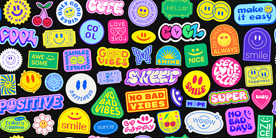 Cool Y2k Stickers Collage. Pop Art patches. 90s abstract art background cool cute design good happy illustration love patch pattern pop positive smile sticker sweet vibes y2k