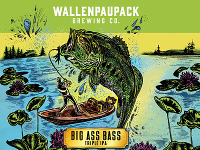 Big Ass Bass Triple IPA bass beer beer label boat brewery drawing fish fisherman fishing fly fishing illustration illustration art illustrator ipa lake line art nature river wallenpaupack water