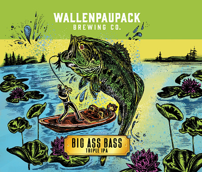 Big Ass Bass Triple IPA bass beer beer label boat brewery drawing fish fisherman fishing fly fishing illustration illustration art illustrator ipa lake line art nature river wallenpaupack water