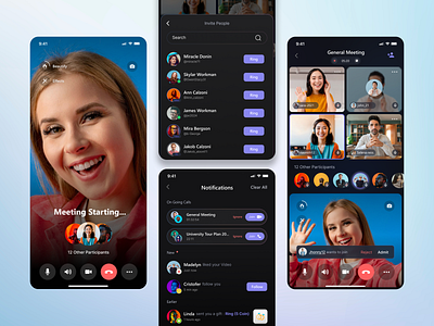 Video Call/Meeting Mobile App access control call notification dark invite people join request layout mobile app social media video call video call strating screen video conferance vidoe call gird