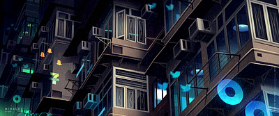 Hk mirages architecture city cyberpunk design futur hk illustration light neon retro trystram