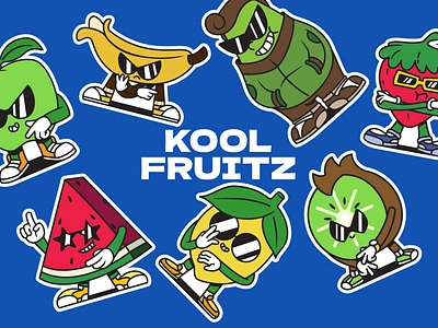 Kool Fruitz Team 🍉🥝🍌🥑🍓🍋🍏 apple avocado banana branding cool design fresh fruit illustration kiwi lemon logo mascot print retro sneaker sticker strawberry vibrant watermelon