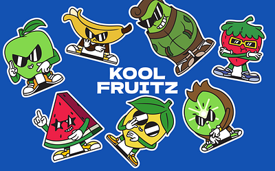 Kool Fruitz Team 🍉🥝🍌🥑🍓🍋🍏 apple avocado banana branding bussiness cool design fresh fruit illustration kiwi lemon logo mascot retro sneaker sticker strawberry vibrant watermelon