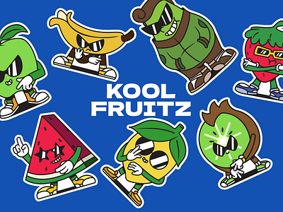 Kool Fruitz Team 🍉🥝🍌🥑🍓🍋🍏 apple avocado banana branding bussiness cool design fresh fruit illustration kiwi lemon logo mascot retro sneaker sticker strawberry vibrant watermelon