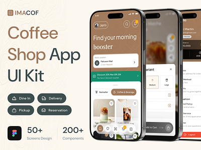 Imacof - Coffee Shop Mobile App UI Kit app bakery coffee coffee shop design dine in food delivery mobile reservation restaurant shop ui ui kit ui kits ux