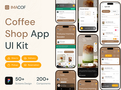 Imacof - Coffee Shop Mobile App UI Kit app bakery coffee coffee shop design dine in food delivery mobile reservation restaurant shop ui ui kit ui kits ux