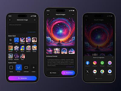 Ai Image Generator App ai ai creativity ai design ai image generator ai photo ai website app design art ai art generator artificial intellegent chat gpt dark mode dark theme image ai image generator ios midjourney mobile design text to image uiux