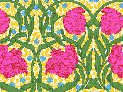 Pimpernell bright fabric floral pattern illustration licensing pimpernell pink repeating pattern surface design tulips upholstery vibrant wallpaper