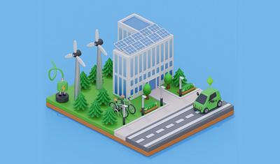 3D Isometric Ecology Concept Illustration 3d 3d illustration blender city digital art ecology electric car graphic design illustration landscape map illustration office solar panel website illustration wind power