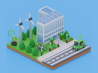 3D Isometric Ecology Concept Illustration 3d 3d illustration blender city digital art ecology electric car graphic design illustration landscape map illustration office solar panel website illustration wind power