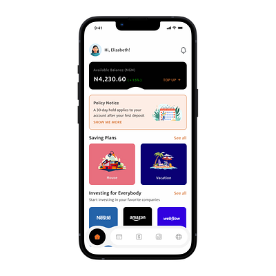 Home Screen for a Fintech App design ui ux