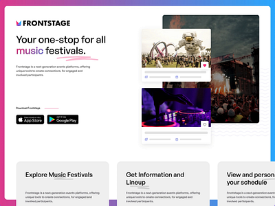 Frontstage Landing Page | Events & Music Concerts booking app branding dashbaord design design system features footer hero banner design landing page music app navigation playlist profile screen sign up flow sign up screens styleguide typography ui ui design uxd website landing page