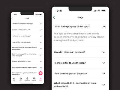 Create | FAQs section of the iOS app app concept create faqs freelance full time ios job minimalism mobile design part time payment questions section ui ux