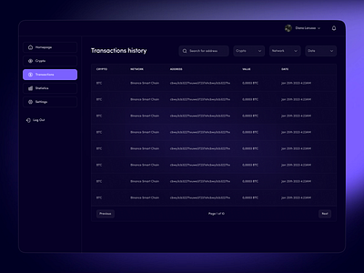 Transactions history dashboard web3 bitcoin clean design crypto dashboard modern purple search bar sidebar startup transactions transactions history ui ux wallet web3