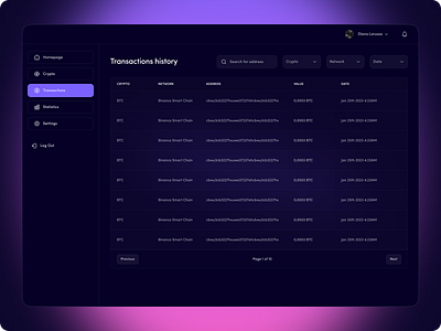 Transactions history dashboard web3 bitcoin clean design crypto dashboard modern purple search bar sidebar startup transactions transactions history ui ux wallet web3