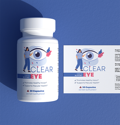 Clear Eye Vision Support Capsule Label design blue capsule packaging clear eye care eye treatment health care label design medical medicine packaging pink premium reticlear supplement vision support white