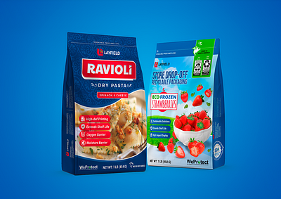 Layfield Ravioli & Eco Frozen Strawberries bag design branding design food design graphic design illustration label packaging product design vector