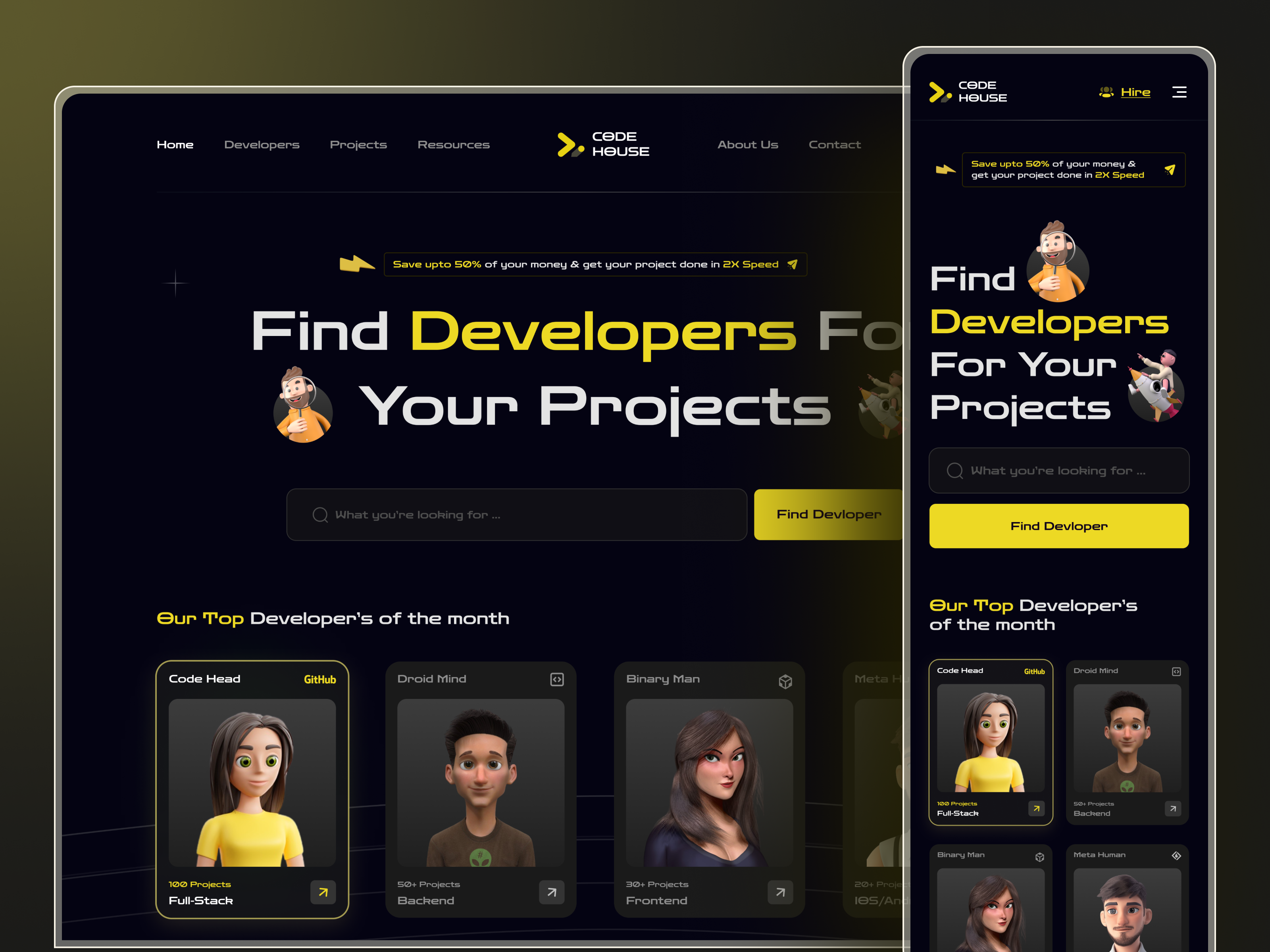 Code House Website Responsive Design 3dcharacter 3dillustration branding business creativedesign darkdesign darkui designconcept designinspiration developers figmadesign hiredeveloper hireteam hiring landingpage mobiledesign responsivedesign trendingdesign uidesign webdesign