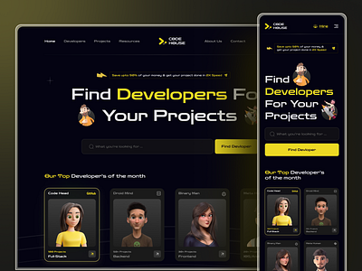 Code House Website Responsive Design 3dcharacter 3dillustration branding business creativedesign darkdesign darkui designconcept designinspiration developers figmadesign hiredeveloper hireteam hiring landingpage mobiledesign responsivedesign trendingdesign uidesign webdesign