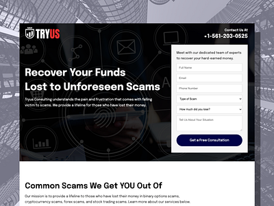 Tryus Consulting | Landing Page ad audience binary options branding consultation cryptocurrency cta design facebook forex google graphic design landing page meta ppc scam recovery stock trading targeting ui ux