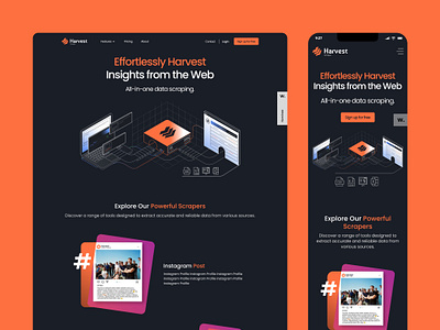 Harvest - Home branding design hero hero section home page logo making product design responsive scraper tool scraper ui scraper web tool uiux webapp website with animation