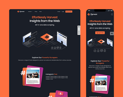 Harvest - Home branding design hero hero section home page logo making product design responsive scraper tool scraper ui scraper web tool uiux webapp website with animation