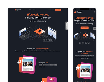 Harvest - Home branding design hero hero section home page logo making product design responsive scraper tool scraper ui scraper web tool uiux webapp website with animation