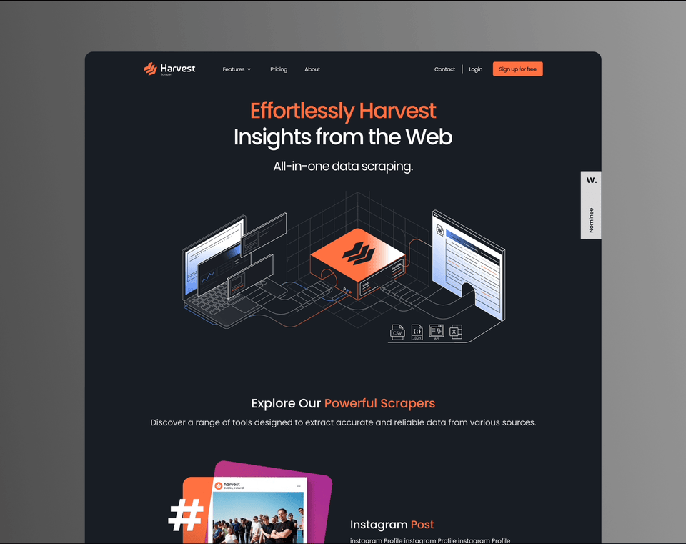 Harvest - Hero - Animation animation branding figma harvest harvest scraper hero hero section home page logo scraper tool ui uiux uiux design ux