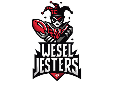 Logo Design for Wesel Jesters – Flag Football Team american football art kovalenco brand identity branding characters creative design emblem flag football logo flat graphic design hand drawn logo illustration jester logo design logo logotype sport symbol team branding wesel jesters branding