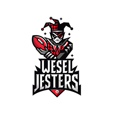 Logo Design for Wesel Jesters – Flag Football Team american football art kovalenco brand identity branding characters creative design emblem flag football logo flat graphic design hand drawn logo illustration jester logo design logo logotype sport symbol team branding wesel jesters branding