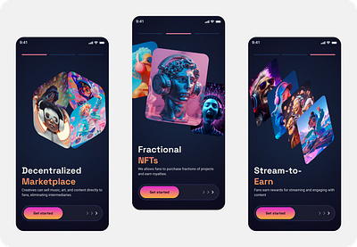 Onboarding screens Of An NFT Mobile Application decentralized marketplace marketplace mobile application nft onboarding screens web3