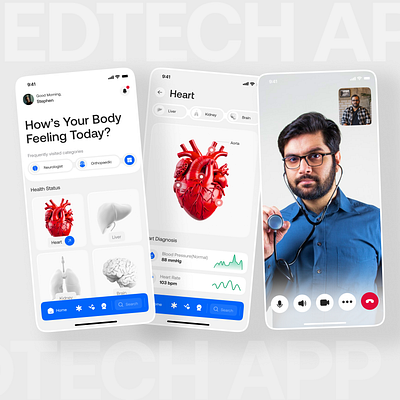 MedTech App UI ai app design aswwd health health app heart med app medicne medtech medtech app minimal mobile design musemind qclay startup stephen tech ui