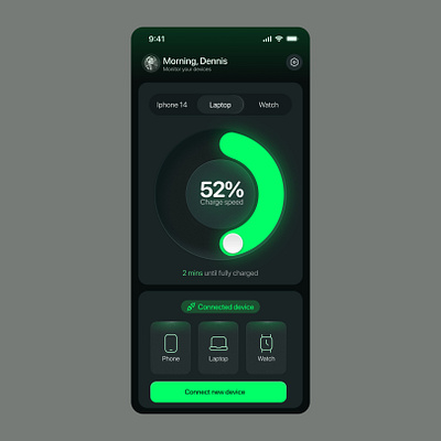 Monitor your Devices. button connect glow gradient graphic design greendarkmode loader mobileapp neobrutalism percent shadow spinner tab ui