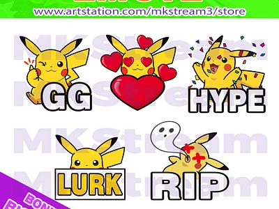 Emotes Pokemon Pikachu gg, love, hype, lurk & rip pack animated emotes anime cute design discord emoji emote emotes gg hype illustration love lurk pikachu pikachu emotes pokemon pokemon emotes rip stickers twitch emotes