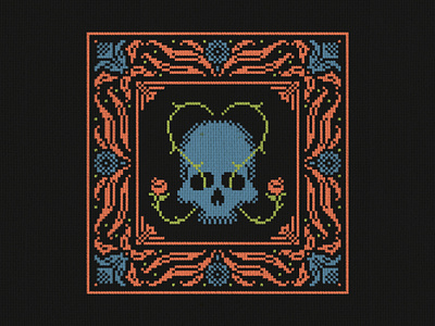 Pixel Art Design - Eternal Love border cross stitch dark floral haunted merch design occult pattern pixel art rose skull spooky tshirt design witchy