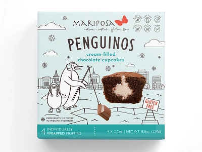 Packaging design for cupcakes - Penguinos bakery box capcake drawing graphic design ice illustration monoline oakland organic penguine