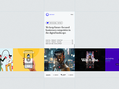 Artifact — Homepage Hero accolades agency awards brand creative cta design digital grid hero layout mobile navbar product design section showreel ui ux web website