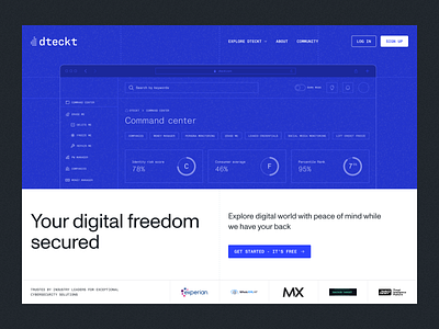 Dteckt — Homepage Hero call to action cta cybersecurity design desktop grid hero illustration layout navbar partners product design section security solutions ui ux web website