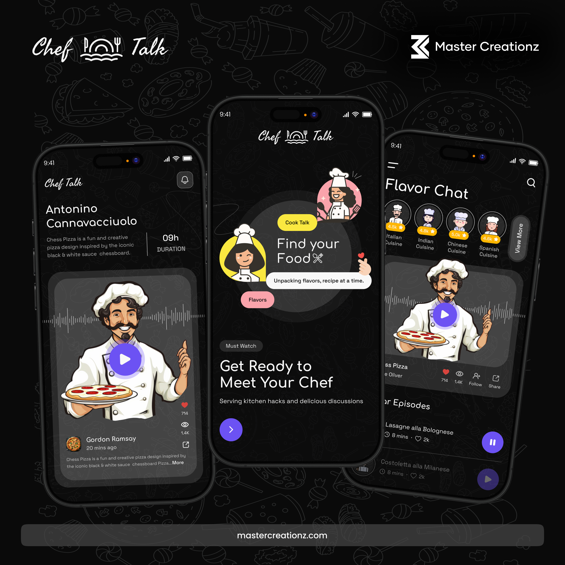 Chef talk app design 🧑‍🍳- Chef Podcast App Concept app concept app ui cook app cooking app creative design dark theme interface minimalist mobile app design mobileui modern new ui podcast podcast app popular ui ui design uiux user interface ux design