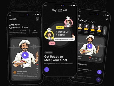 Chef talk app design 🧑‍🍳- Chef Podcast App Concept app concept app ui cook app cooking app creative design dark theme interface minimalist mobile app design mobileui modern new ui podcast podcast app popular ui ui design uiux user interface ux design