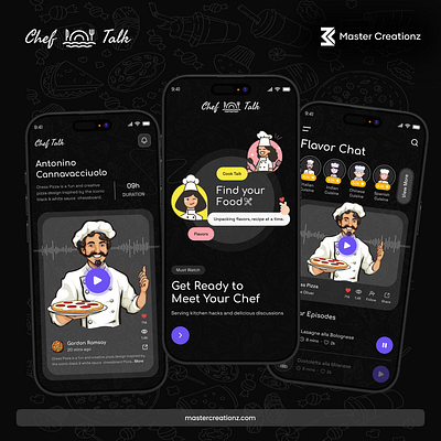 Chef talk app design 🧑‍🍳- Chef Podcast App Concept app concept app ui cook app cooking app creative design dark theme interface minimalist mobile app design mobileui modern new ui podcast podcast app popular ui ui design uiux user interface ux design